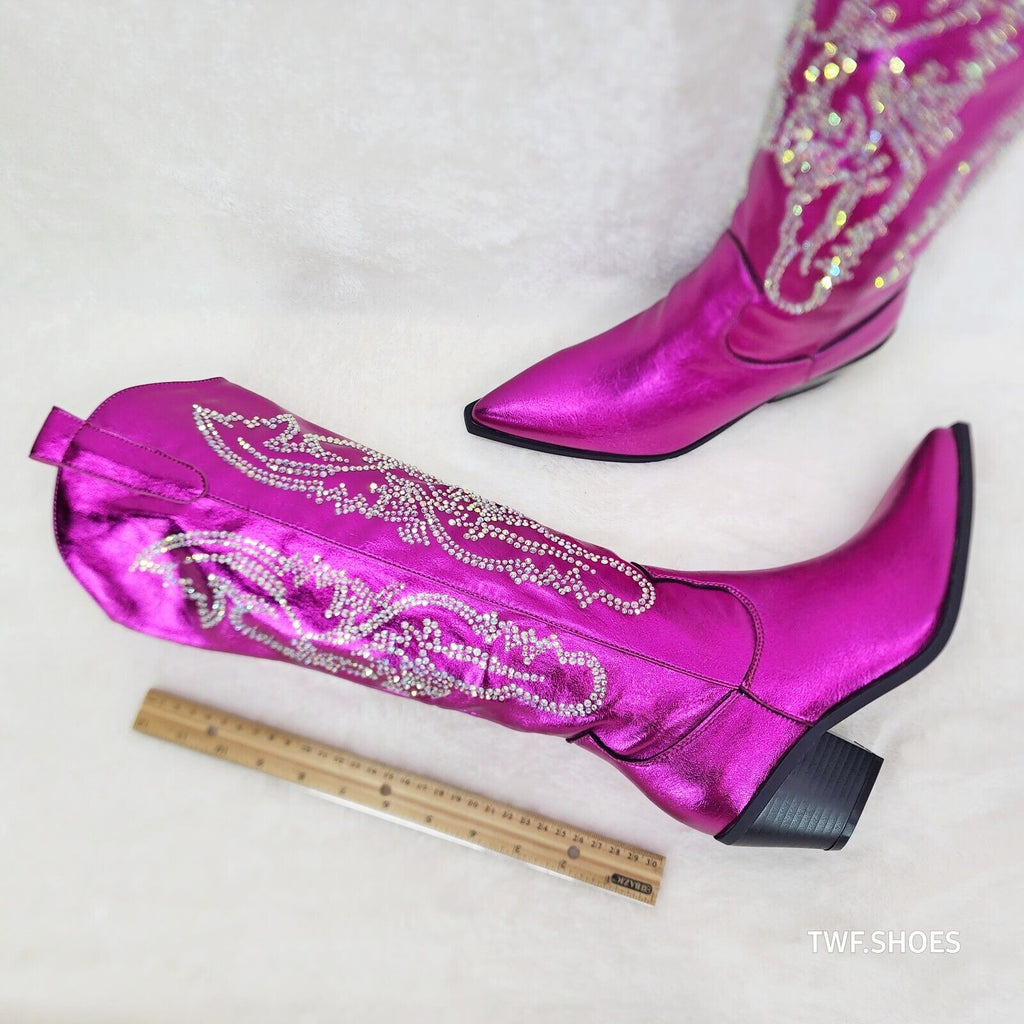 Razzle Metallic Pink Fuchsia Country Western Cowgirl Knee Boot Rhinestone Dazzle - Totally Wicked Footwear