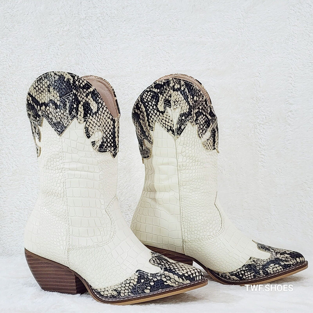 Snake Bite Cream Western Reptile Cowboy Pull On Country Cowgirl Boots - Totally Wicked Footwear