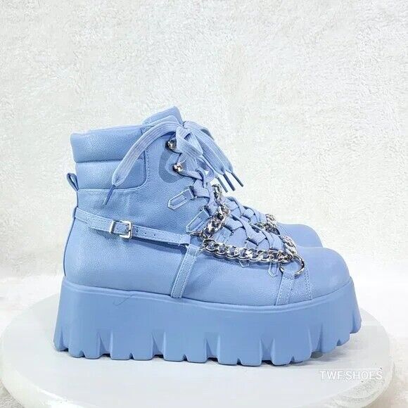 Emo Stomp 2" Platform Stomper Ankle Boots With Chain Design Baby Blue - Totally Wicked Footwear