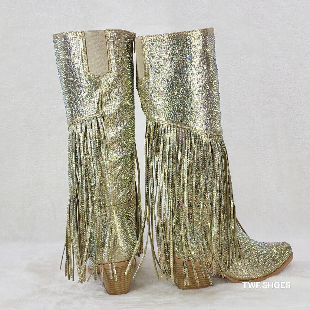 Western Diva Gold Asymmetrical Fringe Rhinestone Glam Cowgirl Boots - Totally Wicked Footwear