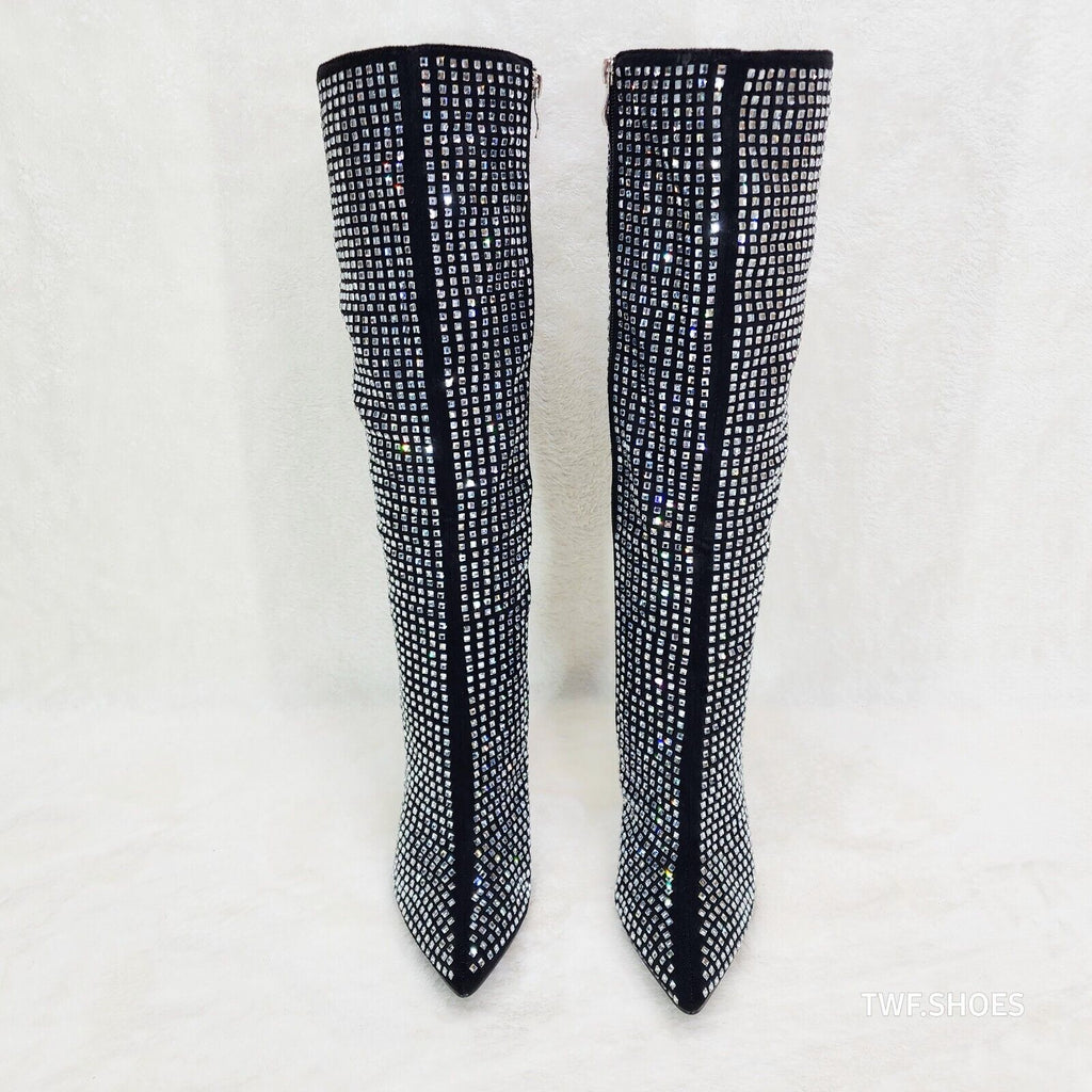 Glamour Shot Mirrored Rhinestone Tinted 4" Pyramid Heel Knee Boots Black - Totally Wicked Footwear