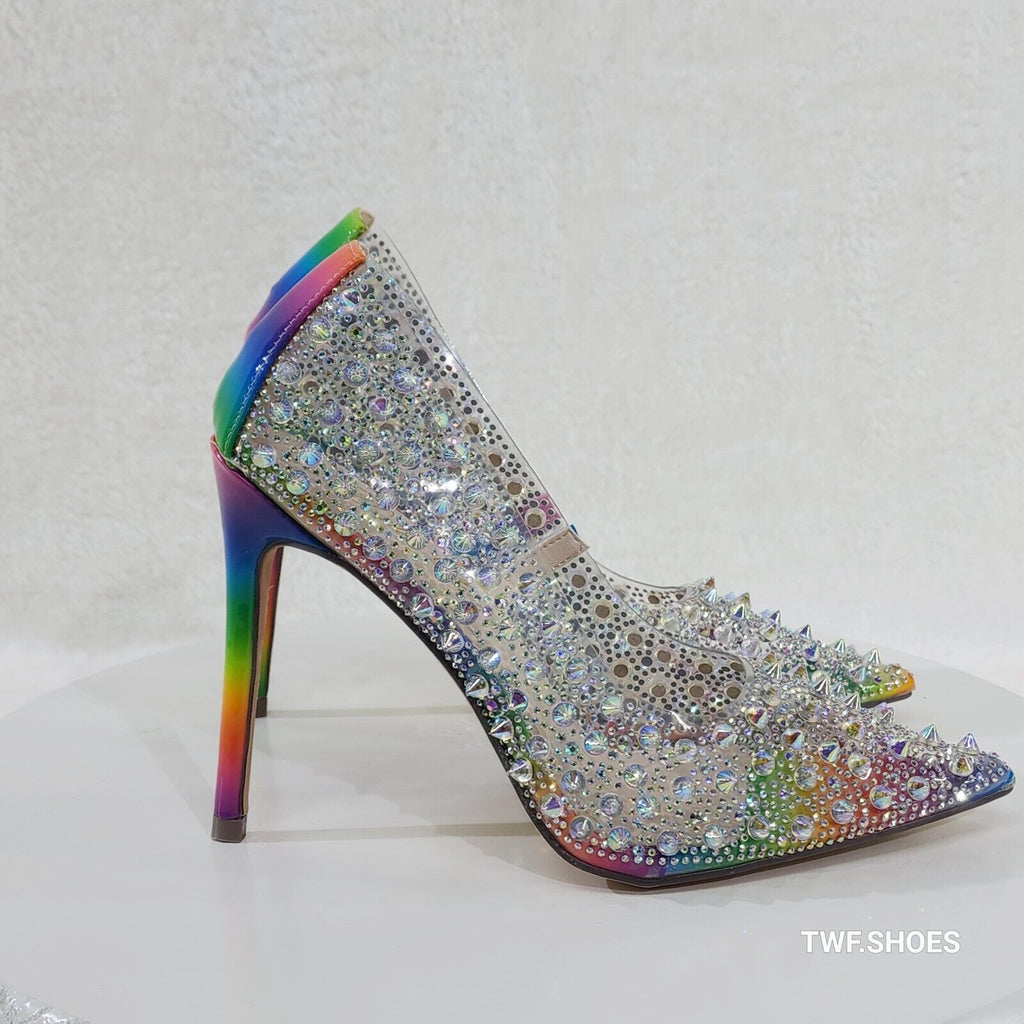 Spicy Stiletto PVC Clear Pumps Rainbow Studs & Rhinestone Pumps Stiletto Heels - Totally Wicked Footwear
