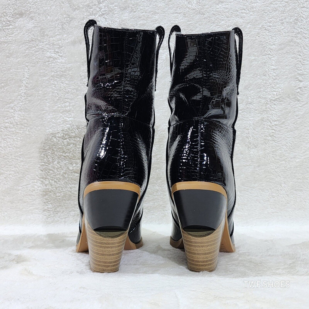 Twisted Black Patent Country Western Cowgirl Ankle Boots 2 Tone Split Cut Heels - Totally Wicked Footwear