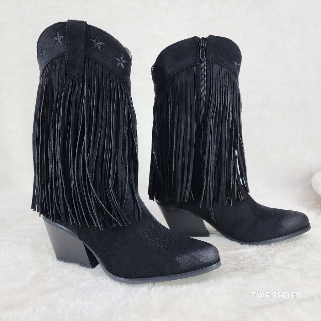 Dusty Trails Mid Calf Jet Black Fringe Country Western Cowgirl Boots - Totally Wicked Footwear