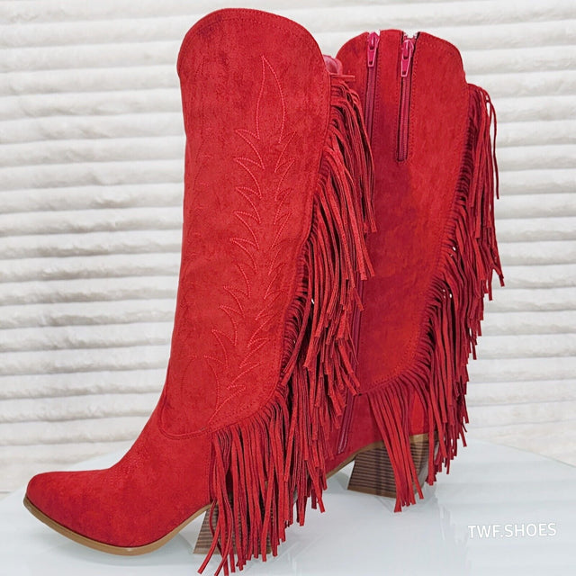 Dusty Roads Red Faux Suede Back Fringe Western Cowgirl Boots - Totally Wicked Footwear