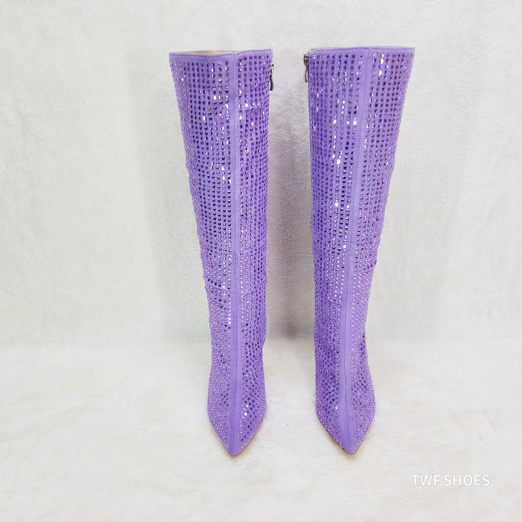 Glamour Shot Mirrored Rhinestone Tinted 4" Pyramid Heel Knee Boots Lilac Purple - Totally Wicked Footwear