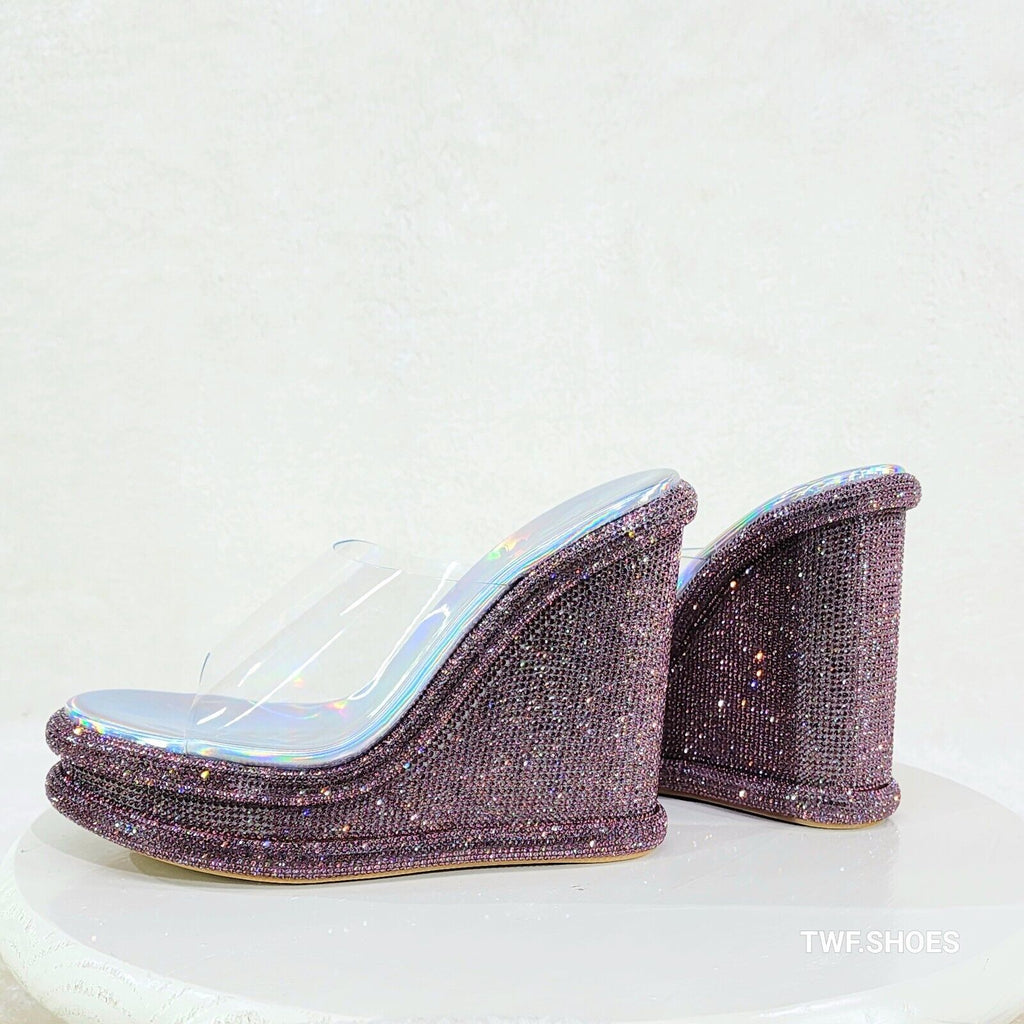 Zesty Purple Hologram Rhinestone Platform Wedge Heel Slip On Sandals - Totally Wicked Footwear