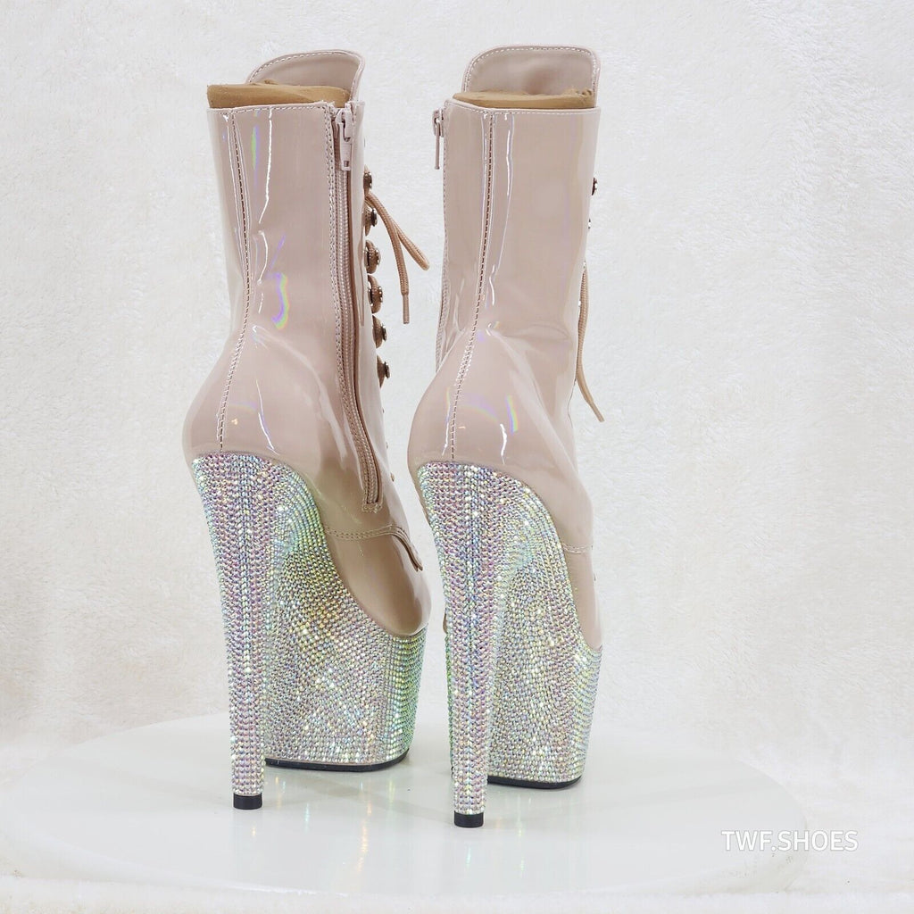 Bejeweled Nude Rhinestone Platform Lace Up Ankle Boots 7" High Heels IN HOUSE - Totally Wicked Footwear