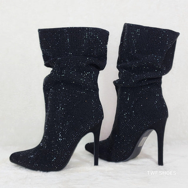 Resolve Sparkling Black Rhinestone High Heel Slouch Calf Boots New Years Bling - Totally Wicked Footwear