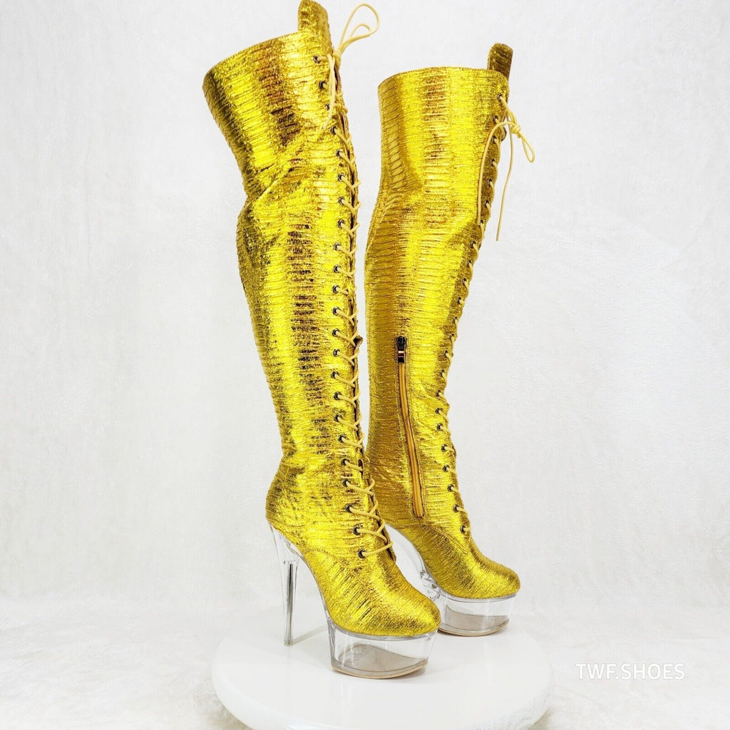 Bulls Metallic Yellow Gold OTK Clear Platform High Heel Thigh Boots - Totally Wicked Footwear