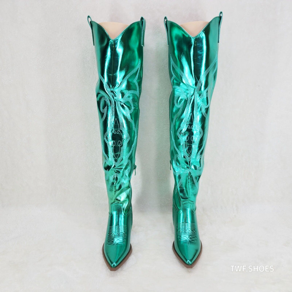Country Disco Cowboy Metallic Green Western Cowgirl OTK Thigh Boots - Totally Wicked Footwear