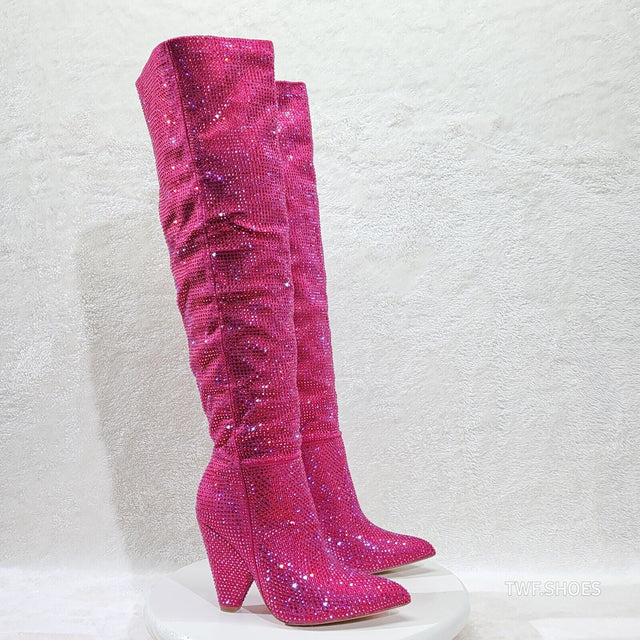 Vegas Fuchsia Pink Rhinestone Over the Knee Thigh boots 4.25" Heels Party Boots - Totally Wicked Footwear