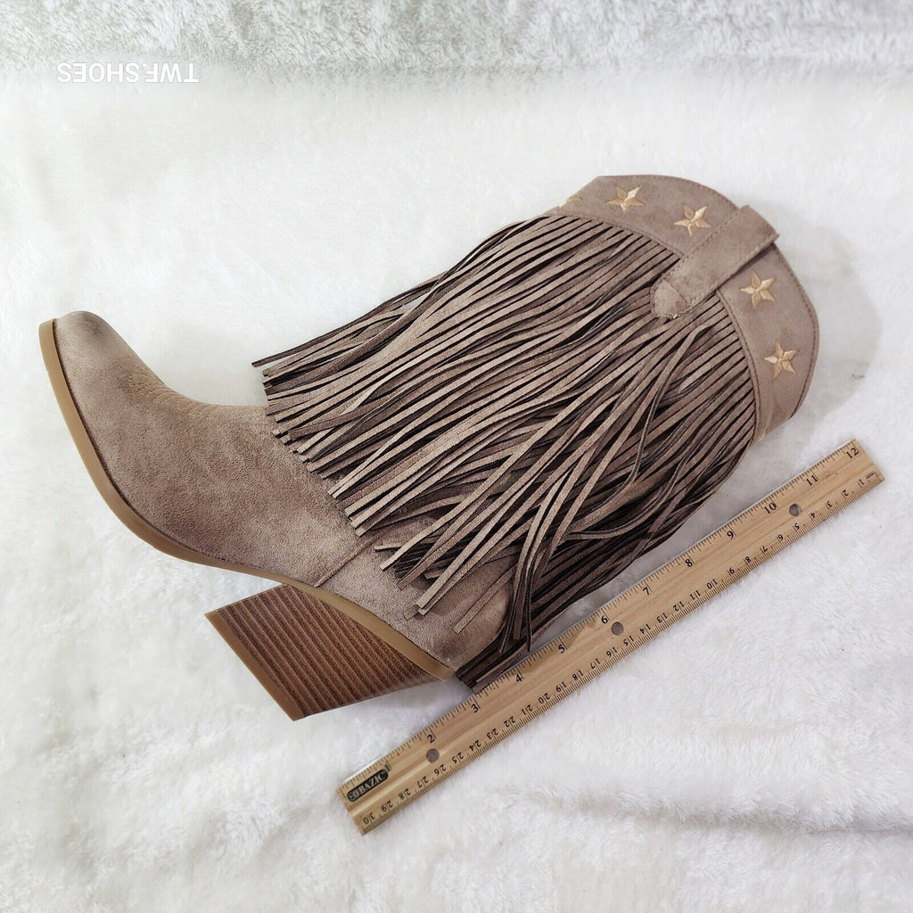 Dusty Mid Calf Coco Taupe Fringe Country Western Cowgirl Boots - Totally Wicked Footwear