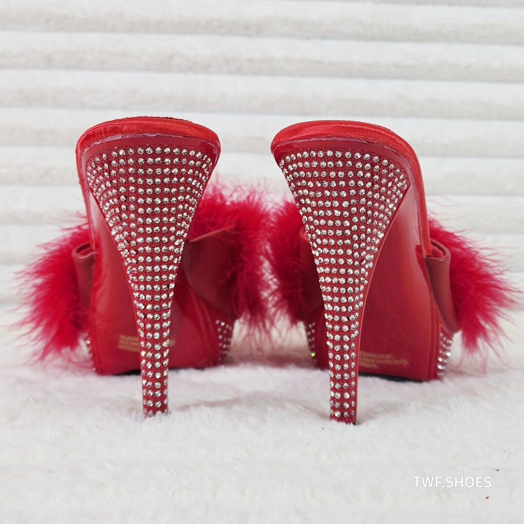 Elegance Marabou Feather Slip On Platform Sandals 5" Stiletto Heel Shoes red - Totally Wicked Footwear