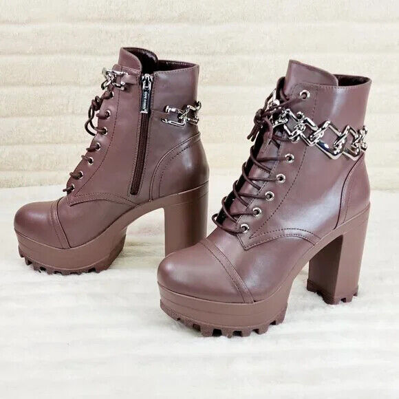 Flex Chunky Block Heel Light Weight Ankle Boots Square Chain Link Mocha Brown - Totally Wicked Footwear