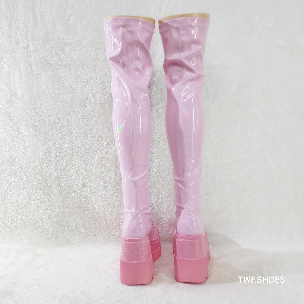 Shaker 374 Pink Patent Platform 4.5" Wedge Heel Over The Knee Boots NY DEMONIA - Totally Wicked Footwear