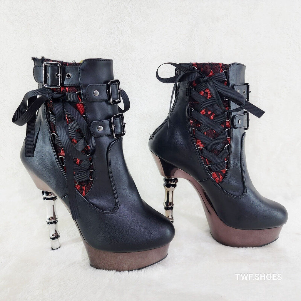 Muerto 1033 Red Lace Panel Finger Bone High Heel Platform Ankle Boots In House - Totally Wicked Footwear