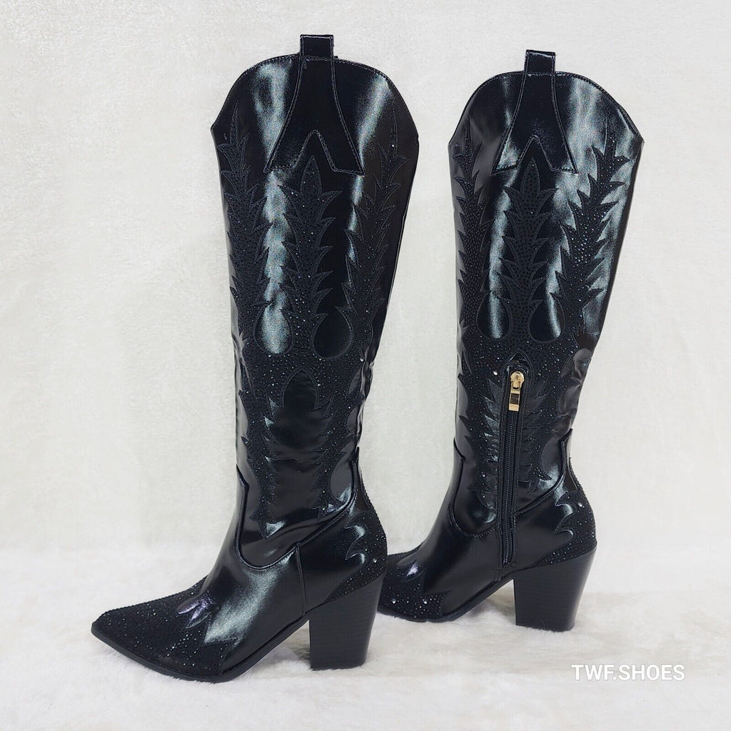 Rodeo Flash Black Matte Rhinestone Western Knee High Cowgirl Boots - Totally Wicked Footwear