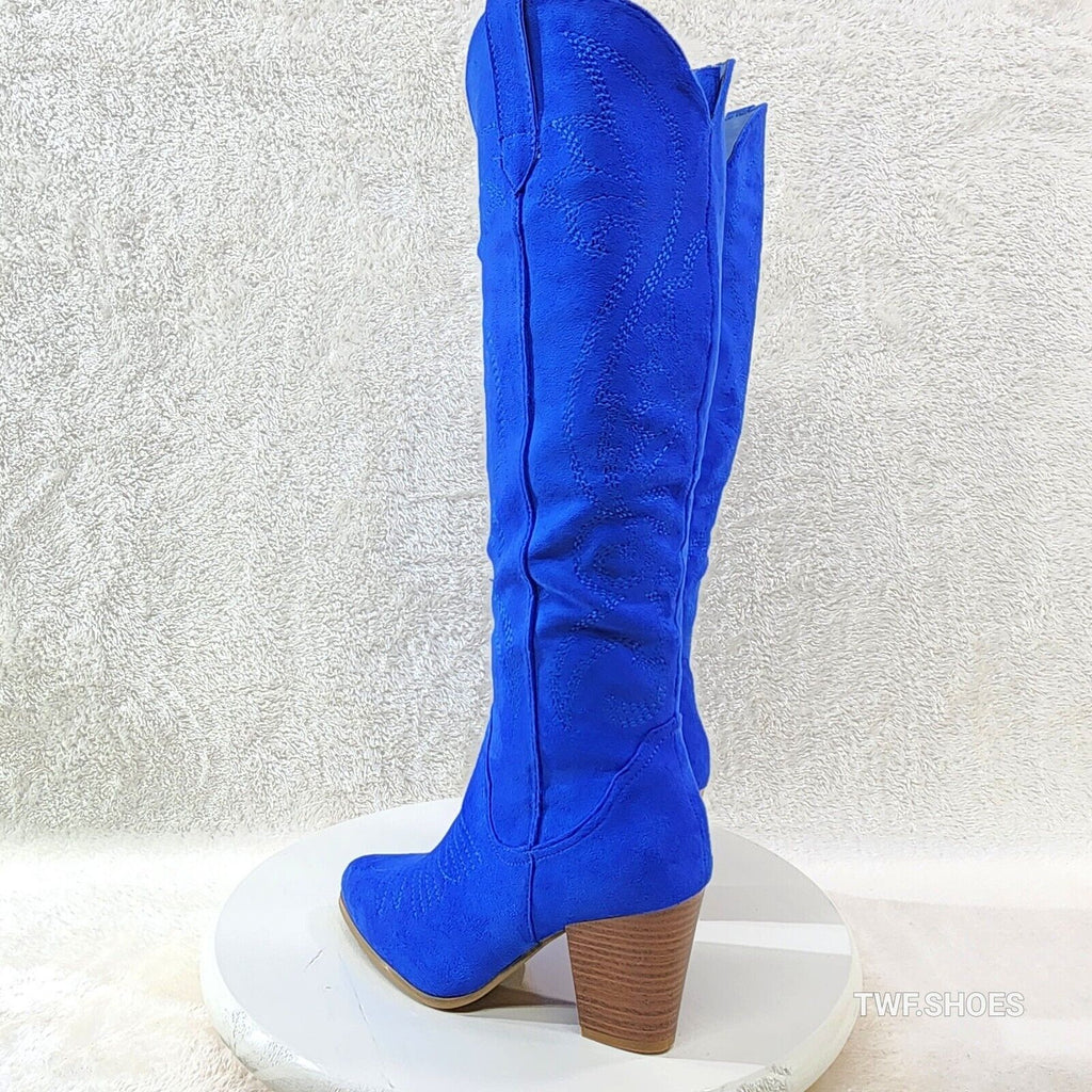 Wild Ryder Bright Deep Blue Faux Suede Country Western Cowgirl Boots - Totally Wicked Footwear