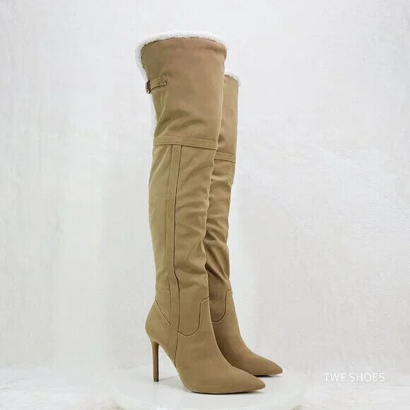 Cozy Craze Taupe Nubuck Over The Knee Fleece High Heel Thigh Boots - Totally Wicked Footwear