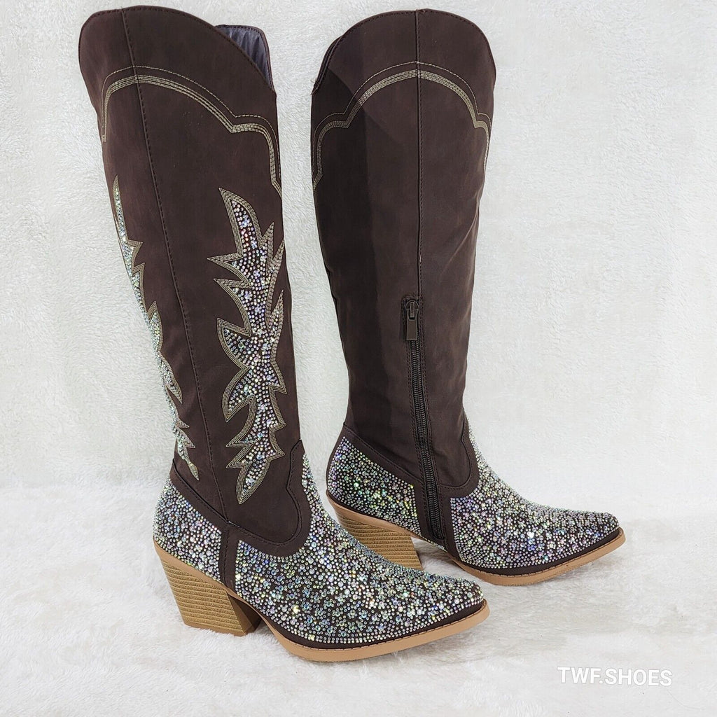 Annie Brown Leatherette With Rhinestones Country Glam Western Cowgirl Knee Boots - Totally Wicked Footwear