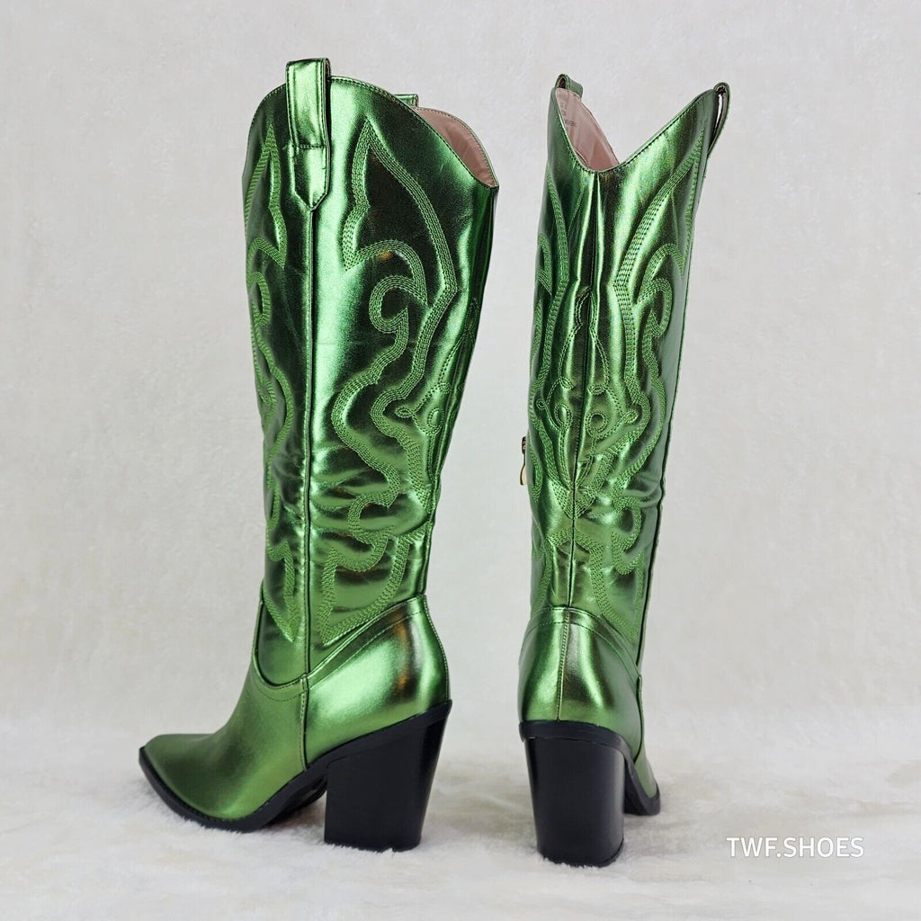 Electric Cowboy Brush Metallic Matte Western Knee High Cowgirl Boots Green - Totally Wicked Footwear