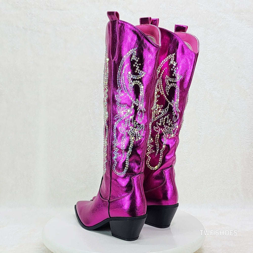 Razzle Metallic Pink Fuchsia Country Western Cowgirl Knee Boot Rhinestone Dazzle - Totally Wicked Footwear