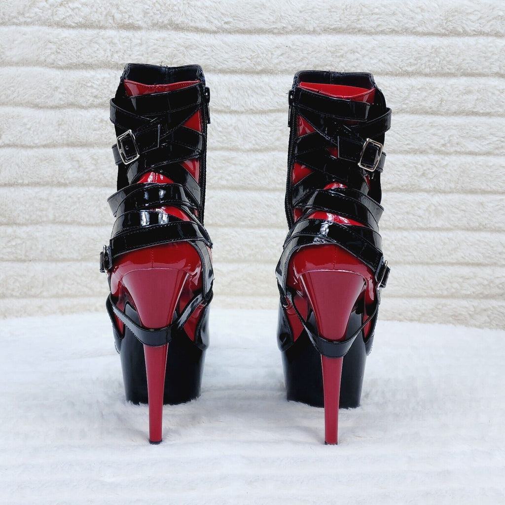 Delight 1012 Black / Red Buckle Strap 6" High Heels Platform Ankle Boots NY - Totally Wicked Footwear