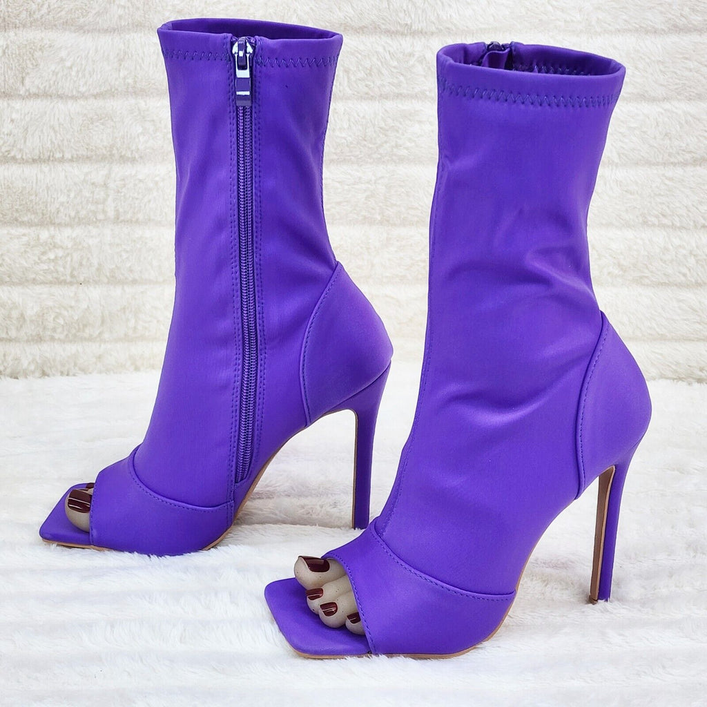 Bold Purple Stretch Square Open Toe High Heel Ankle Boots - Totally Wicked Footwear