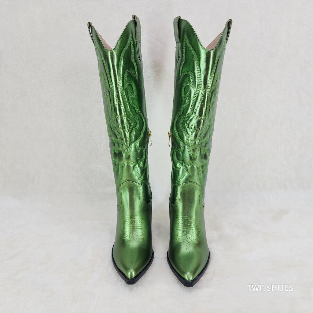 Electric Cowboy Brush Metallic Matte Western Knee High Cowgirl Boots Green - Totally Wicked Footwear