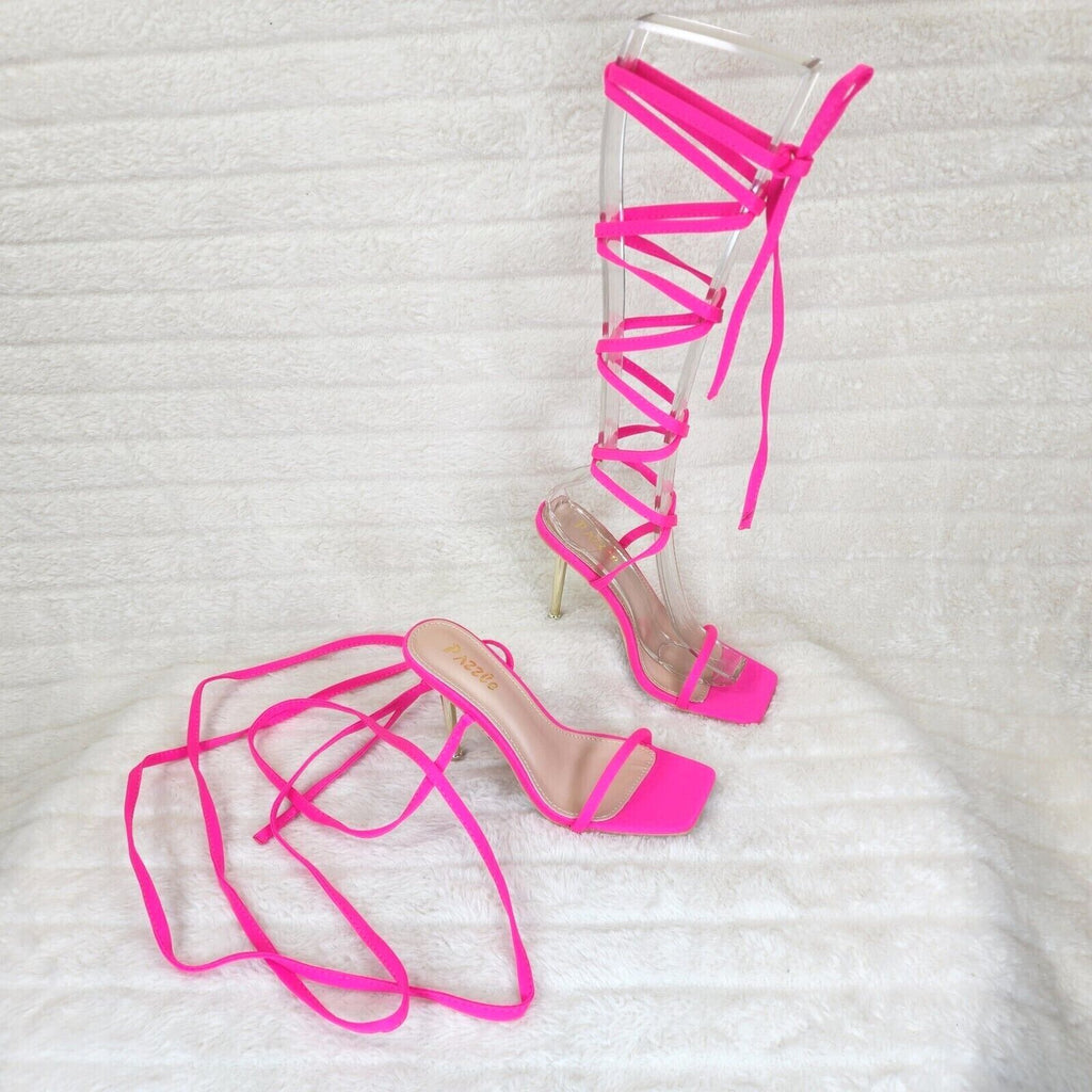 Chica Bright Neon Pink Sateen Long Lace Strappy Tie Up High Heel Sandal - Totally Wicked Footwear