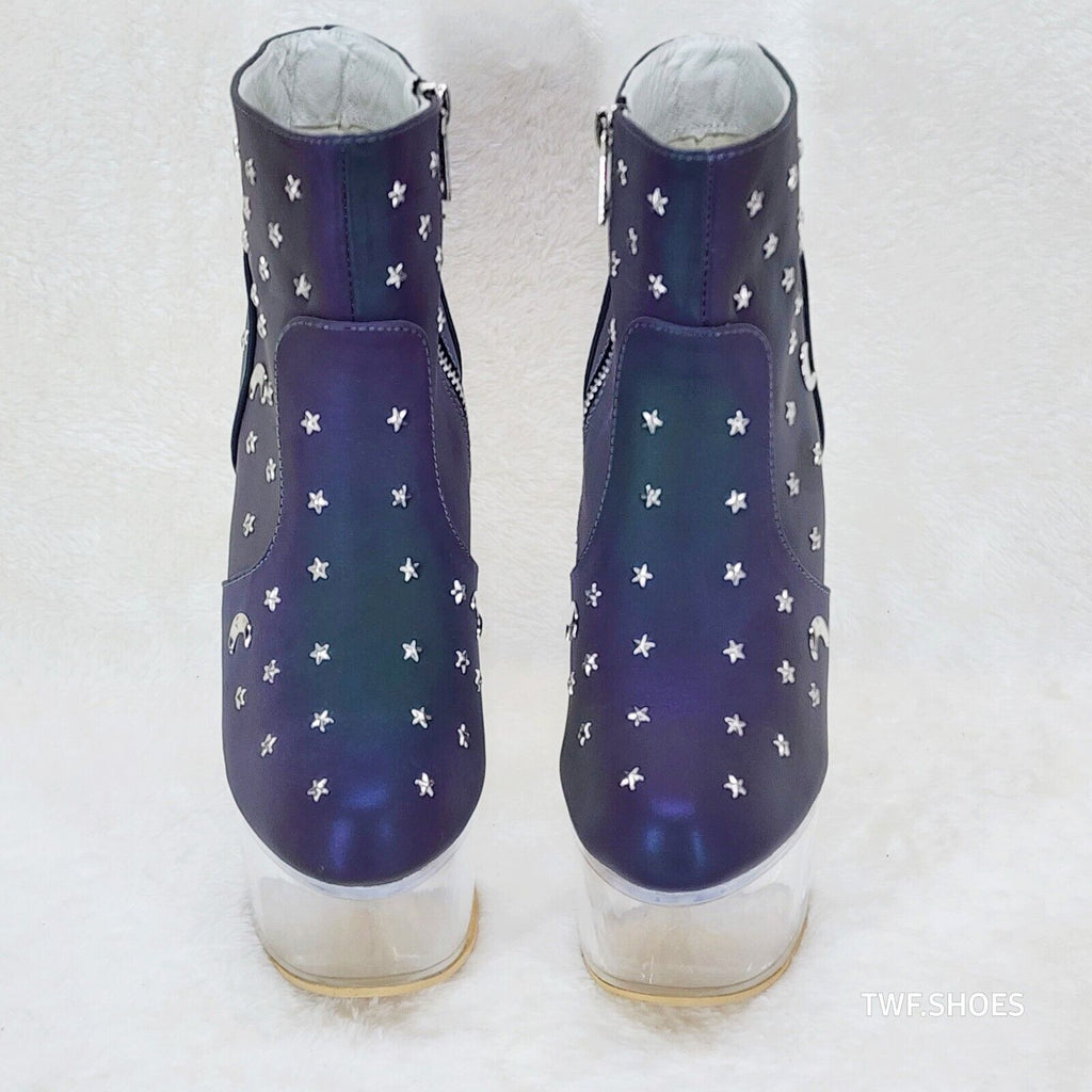 Ocho Purple Multi Reflective Ankle Boots Clear Platform & Chunky Heels Moon Star - Totally Wicked Footwear