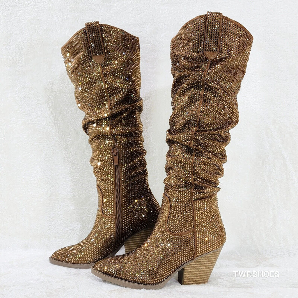 Angel Rider Brown W/ Rhinestones Country Glam Western Cowgirl Slouch Knee Boots - Totally Wicked Footwear