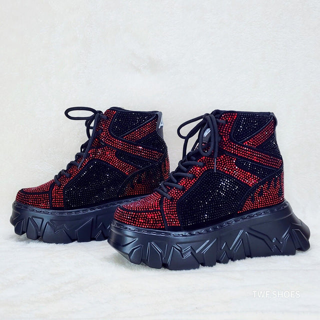 Anthony Wang Berry Red & Black Rhinestone Platform Hidden Wedge Sneakers - Totally Wicked Footwear