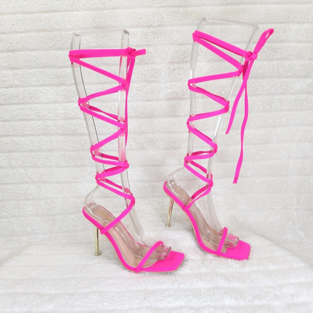 Chica Bright Neon Pink Sateen Long Lace Strappy Tie Up High Heel Sandal - Totally Wicked Footwear