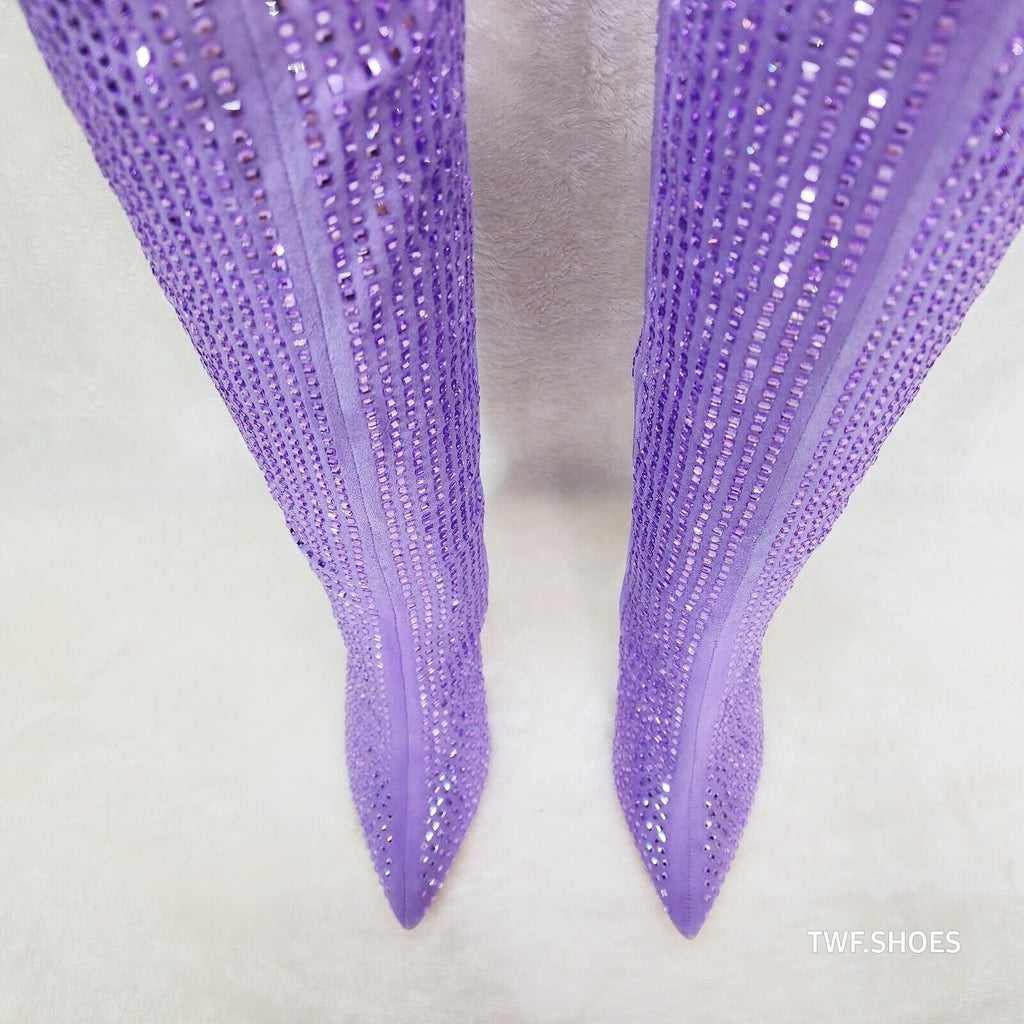 Glamour Shot Mirrored Rhinestone Tinted 4" Pyramid Heel Knee Boots Lilac Purple - Totally Wicked Footwear
