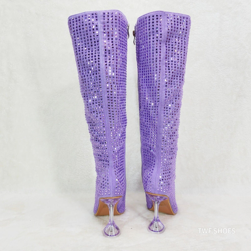 Glamour Shot Mirrored Rhinestone Tinted 4" Pyramid Heel Knee Boots Lilac Purple - Totally Wicked Footwear