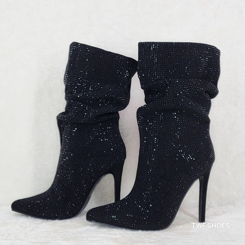 Resolve Sparkling Black Rhinestone High Heel Slouch Calf Boots New Years Bling - Totally Wicked Footwear