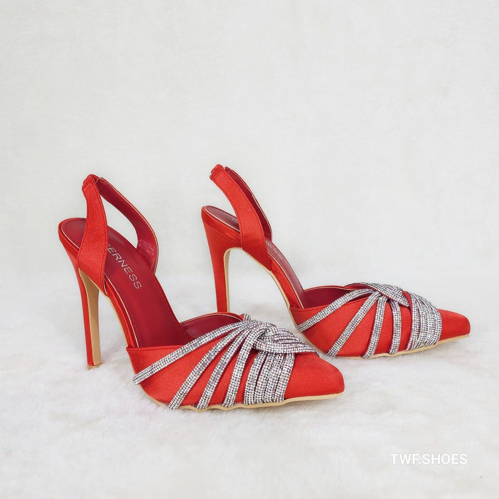 Elegance Slip on Slingback Red Satin Rhinestone Pointy Toe High Heels Shoes - Totally Wicked Footwear