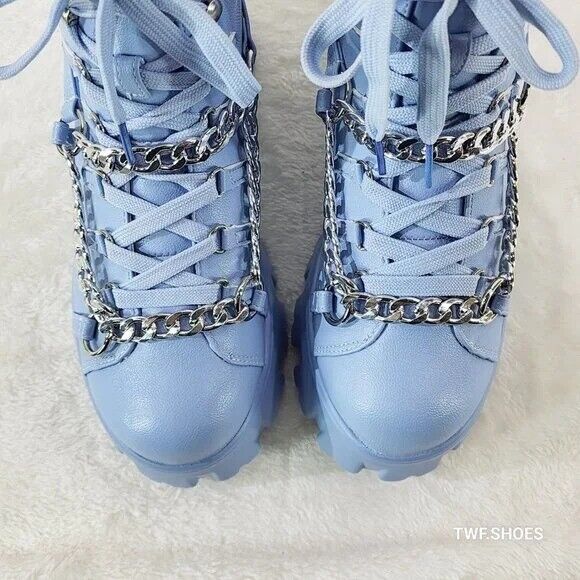 Emo Stomp 2" Platform Stomper Ankle Boots With Chain Design Baby Blue - Totally Wicked Footwear