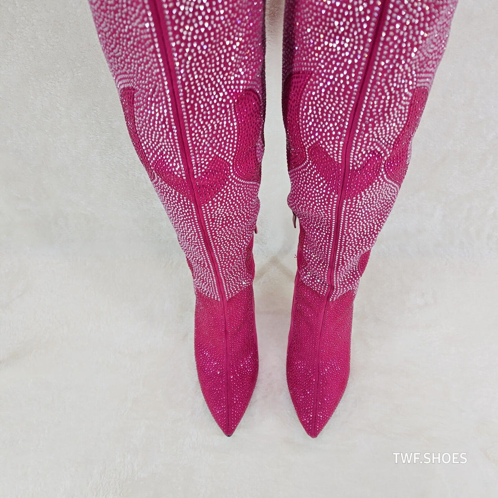 Fiery Desire Hot Fuchsia Pink Rhinestone Flame Detail Sexy OTK Thigh Boots - Totally Wicked Footwear