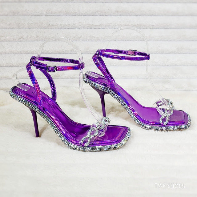 Mini .5" Rhinestone Platform Purple Hologram Upper Wrap Strap Heels Baily - Totally Wicked Footwear