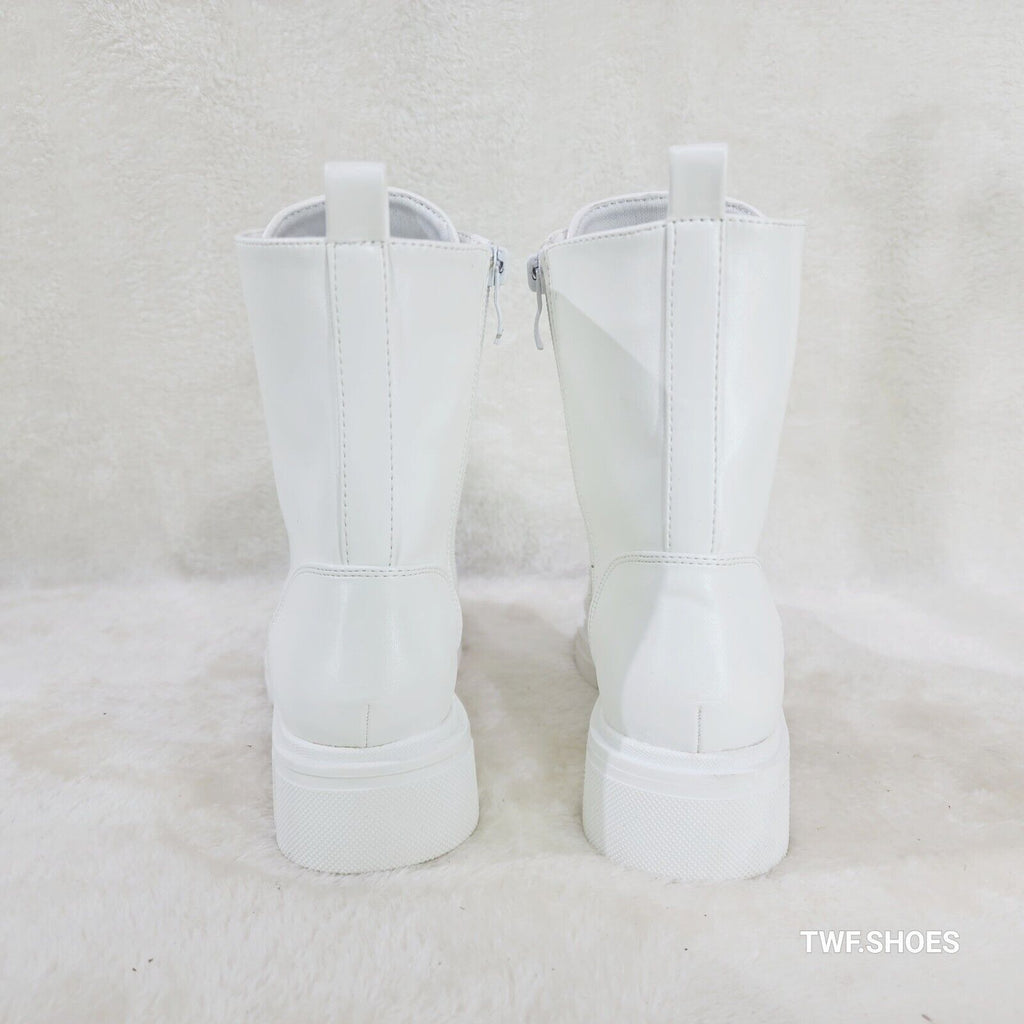 Rylee White Combat Ankle Boots Iridescent Rhinestone Tongue & Rope Laces - Totally Wicked Footwear