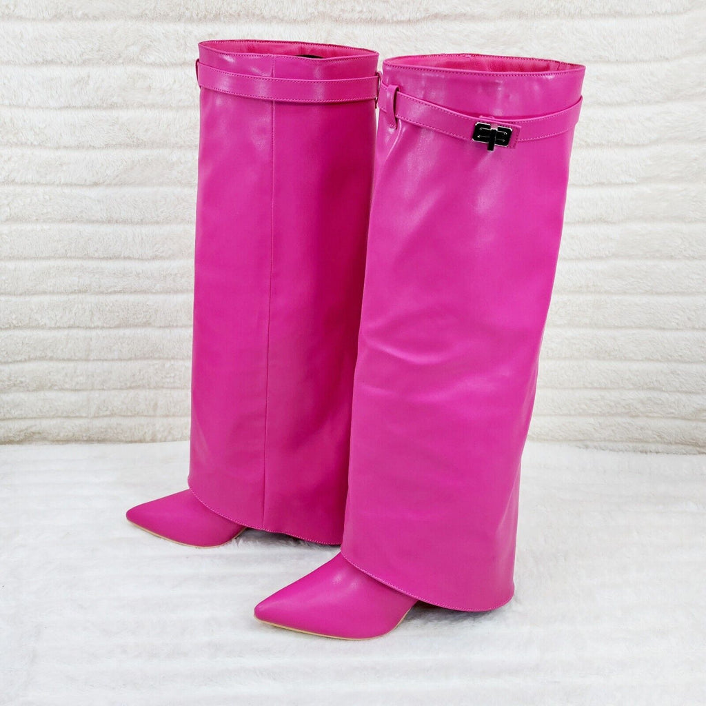 Paris Fuchsia Pink Skirted Fold Over 3.5" Block Heel Knee High Boots - Totally Wicked Footwear