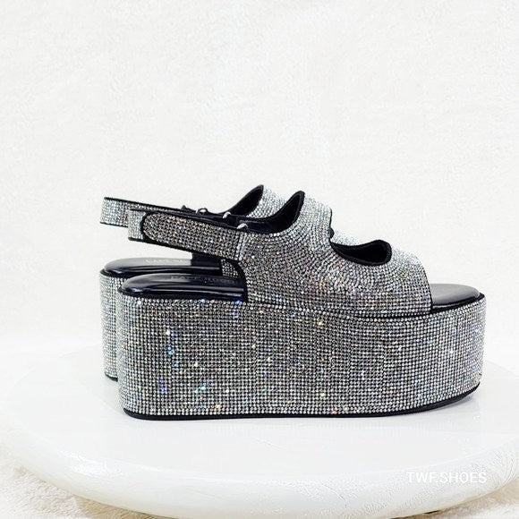 Oh Yeah Black 3" Platform Sparkling Iridescent Rhinestone Flatform Sandals - Totally Wicked Footwear