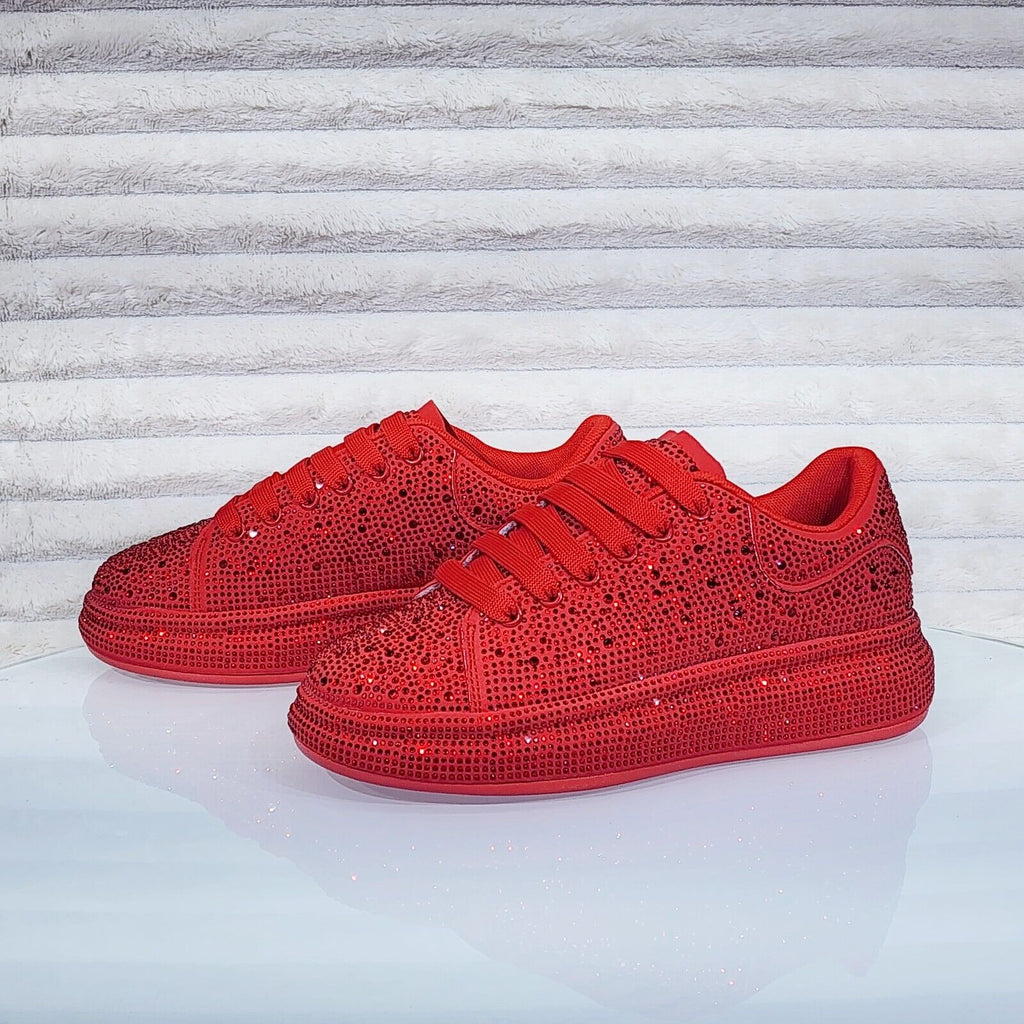 Dazzle Cush Red Rhinestone Comfy Platform Sneakers Tennis Shoes - Totally Wicked Footwear