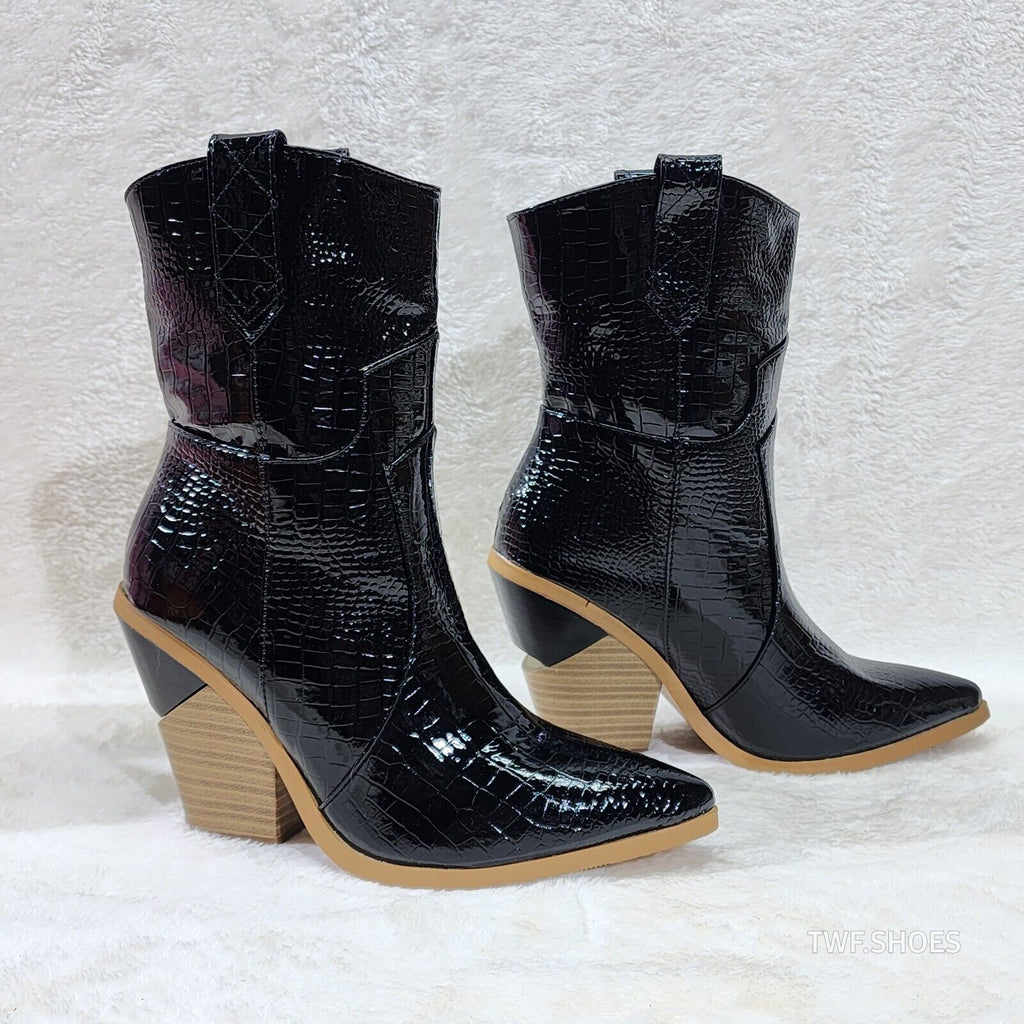 Twisted Black Patent Country Western Cowgirl Ankle Boots 2 Tone Split Cut Heels - Totally Wicked Footwear