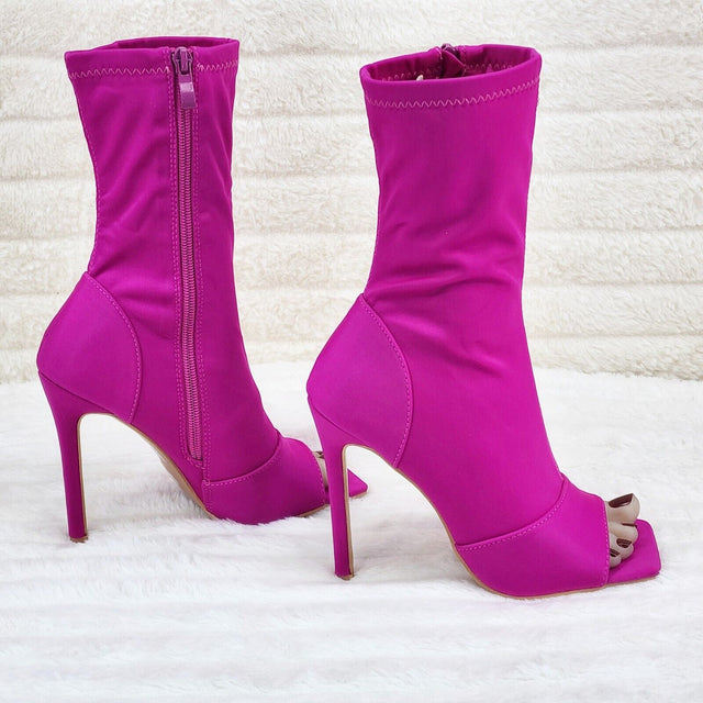 Bold Bright Fuchsia Pink Stretch Square Open Toe High Heel Ankle Boots - Totally Wicked Footwear