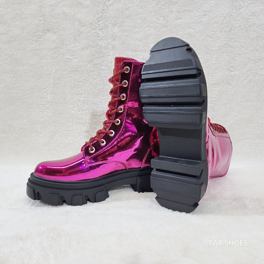 Rowan Metallic Pink Combat Ankle Boots Iridescent Rhinestone Tongue & Rope Laces - Totally Wicked Footwear