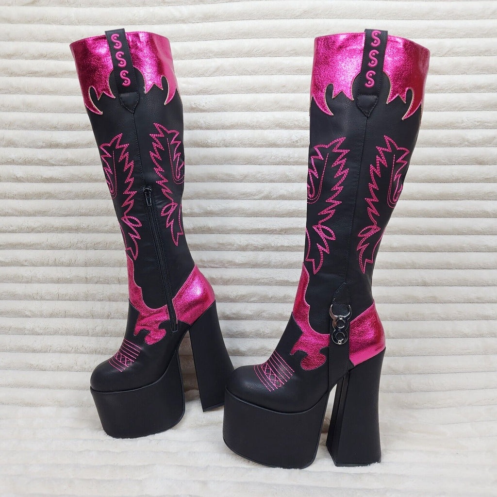 Free Your Soul Western Designed Platform Chunky Heel Knee Boots Festival Gothic - Totally Wicked Footwear